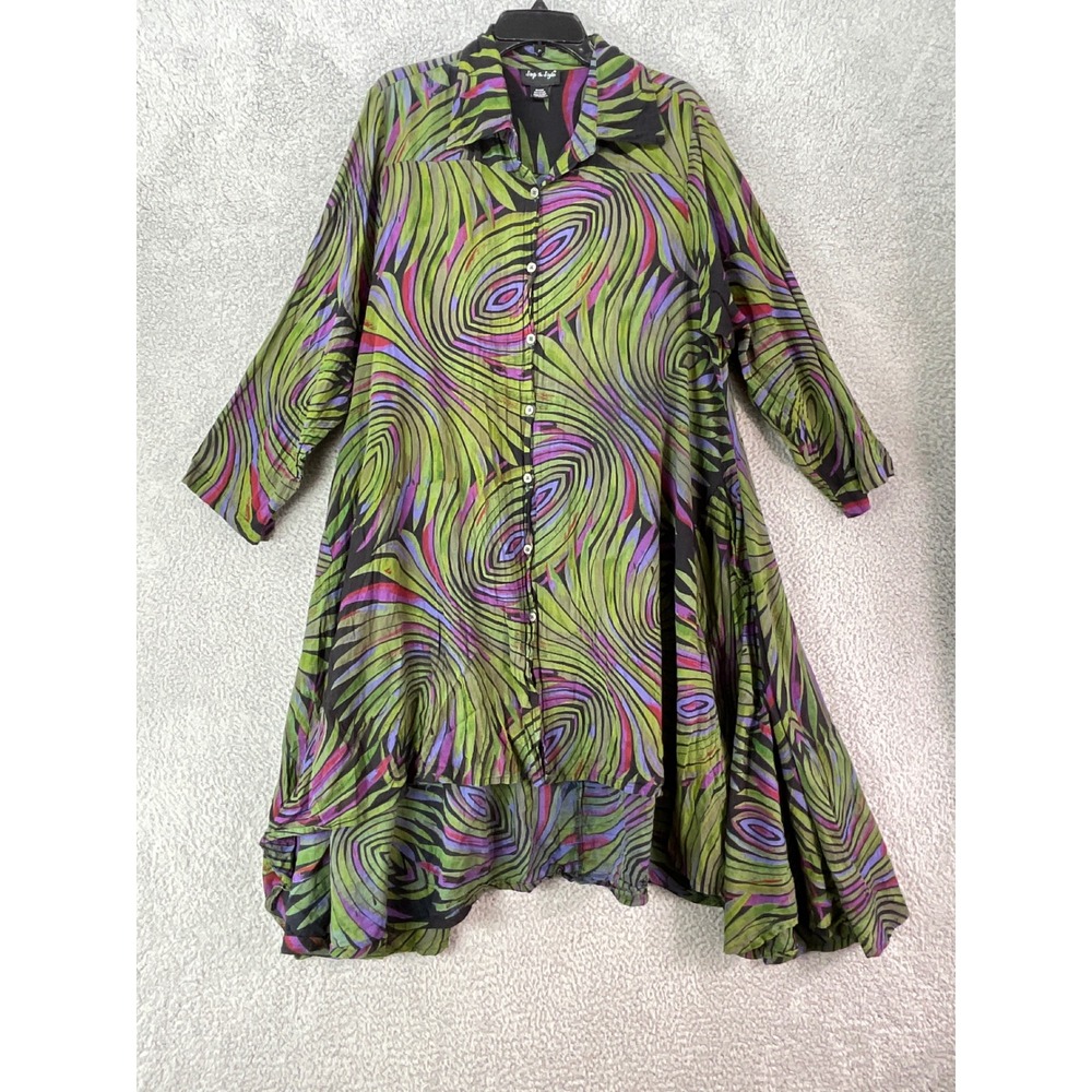 Step In Style Shirt Dress Womens 1X Green Abstract Cotton Boho Lagenlook